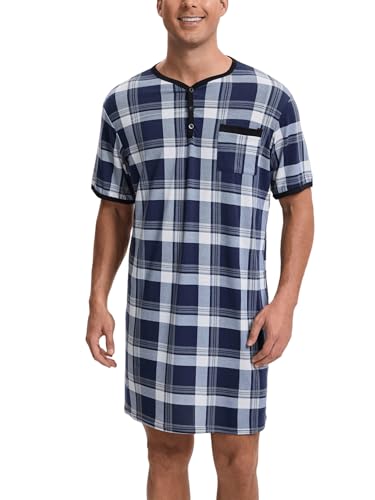 Yukiuiny Herren Nachthemd Kurzarm Baumwolle Karietes Knielang Schalfshirt Leicht Luftig Henley Pyjamaoberteil mit 3 Knöpfe Navyblau,XXL von Yukiuiny