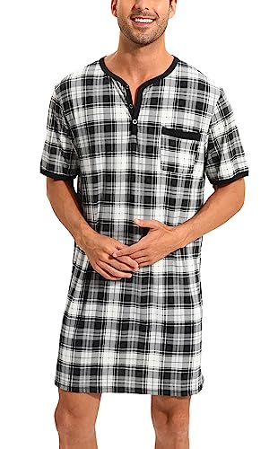 Herren Nachthemd Kurzarm Karietes Knielang Schalfshirt Leicht Luftig Henley Pyjamaoberteil mit 3 Knöpfe Schwarz-weiß,M von Yukiuiny