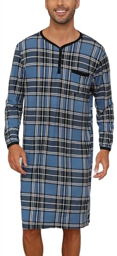 Herren Nachthemd Langarm Karietes Knielang Schalfshirt Leicht Luftig Henley Pyjamaoberteil mit 3 Knöpfe Karo-Blau,3XL von Yukiuiny