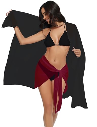 Yukiuiny 2 Stück Strandtücher Damen Sarong/Pareo Leichtes Chiffon Wickeltuch für Strand Badeanzug Bikini Cover Up,weinrot A + schwarz B von Yukiuiny