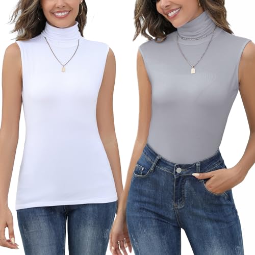 Yukiuiny 2er Pack Damen Rolli Top Ärmellos Rollkragenshirt Elegant Stretch Rollishirt Dünn Weich Unterziehrolli Grau+Weiß, M von Yukiuiny