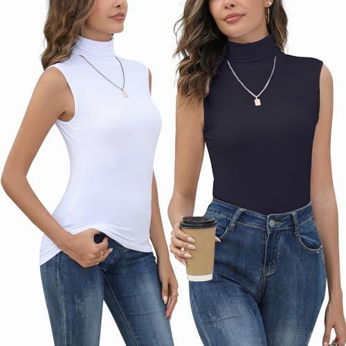 Yukiuiny 2er Pack Damen Rolli Top Ärmellos Rollkragenshirt Elegant Stretch Rollishirt Dünn Weich Unterziehrolli Navy+Weiß, M von Yukiuiny