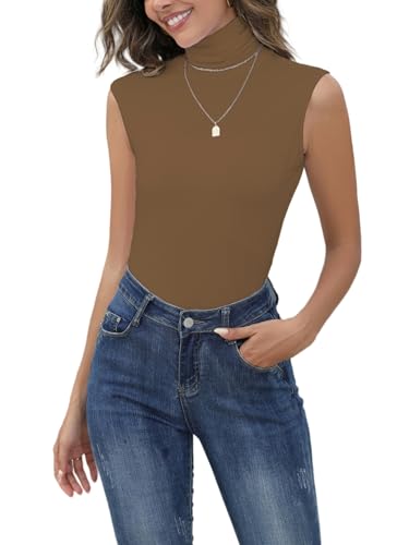 Yukiuiny Damen Ärmellos Rollishirt Elegant Rollkragenpullover Basic Weich Pullover Dünn Stretch Unterziehrolli für Herbst Kaffee, M von Yukiuiny