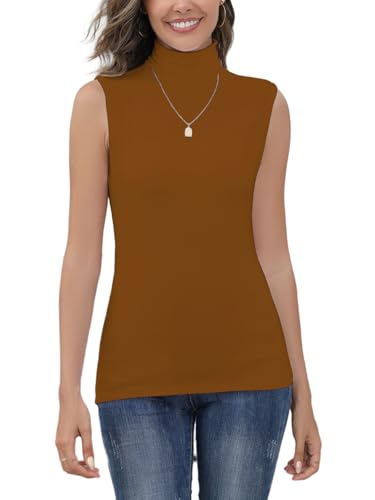 Yukiuiny Damen Ärmellos Rollishirt Elegant Rollkragenpullover Basic Weich Pullover Dünn Stretch Unterziehrolli für Herbst Tabakbraun, XL von Yukiuiny