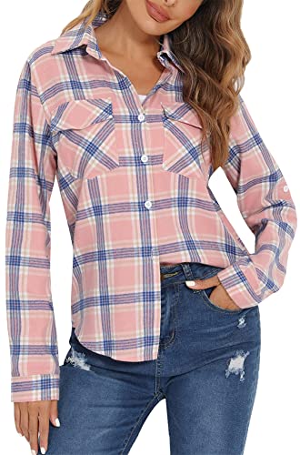 Yukiuiny Damen Baumwolle Karohemd Langarm Holzfäller Hemd Weich Warm Flanellhemd Boyfriend Karierte Bluse für Herbst,Rosa-blau,XXL von Yukiuiny