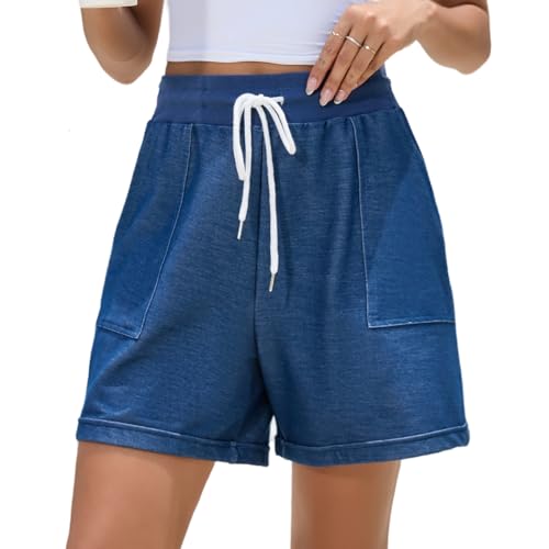 Yukiuiny Damen Baumwolle Shorts Gummibund Lässige Kurze Hose mit Kordelzug Lockere Luftige Freizeitshorts Sportshorts Jeansblau,XXL von Yukiuiny