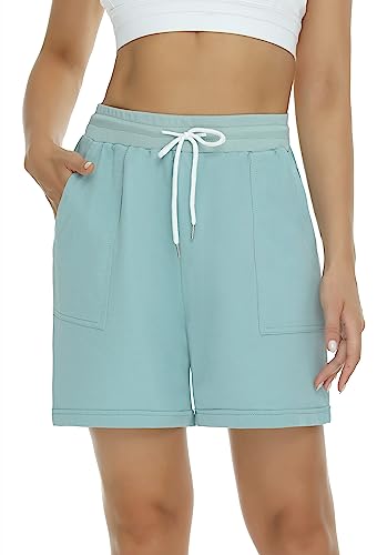 Yukiuiny Damen Bermuda Shorts 100% Baumwolle Knielang Lockere Luftige Kurze Jogginghose Gummibund Sweatshorts für Sport Türkis,XL von Yukiuiny