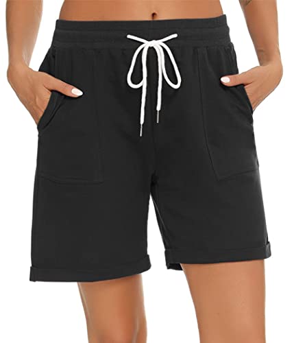 Yukiuiny Damen Bermuda Shorts 100% Baumwolle Sommer Sweatshorts Sportshorts mit Aufschlag Tasche Casual Locker Kurze Hose für Sport Freizeit Schwarz,M von Yukiuiny