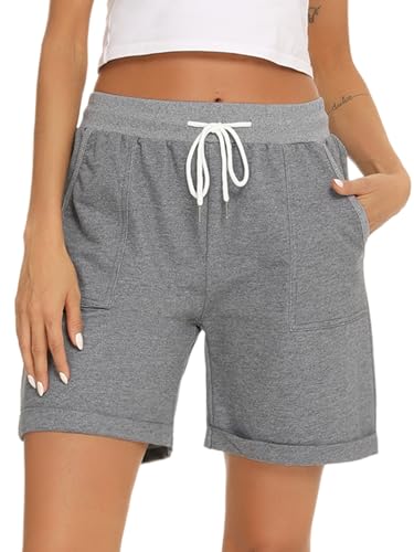 Yukiuiny Damen Bermuda Shorts Baumwolle Luftige Kurze Sporthose Jersey Sweathose mit Elastischem Bund Tasche Sommershorts für Sport Freizeit Grau,L von Yukiuiny