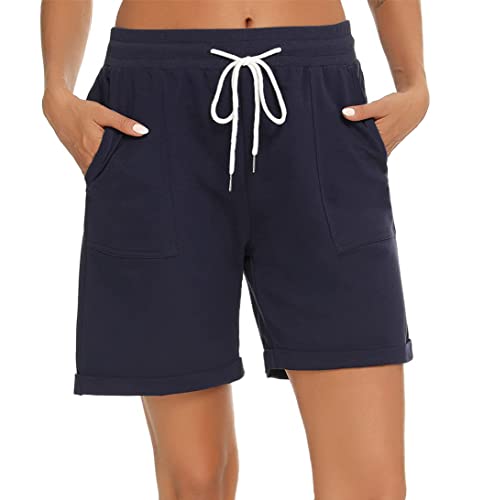 Yukiuiny Damen Bermuda Shorts Baumwolle Luftige Kurze Sporthose Jersey Sweathose mit Elastischem Bund Tasche Sommershorts für Sport Freizeit Navyblau,XXL von Yukiuiny