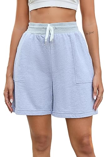 Yukiuiny Damen Bermuda Shorts Baumwolle Sweatshorts Locker Knielang Sportshorts mit Gummizug Kurze Sommerhose für Sport, Freizeit, Urlaub Hellgrau,L von Yukiuiny