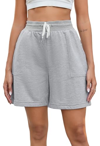 Yukiuiny Damen Bermuda Shorts Baumwolle Sweatshorts Locker Pyjamashorts mit Gummizug Kurze Sommerhose für Sport, Freizeit, Urlaub Hellgrau,XL von Yukiuiny