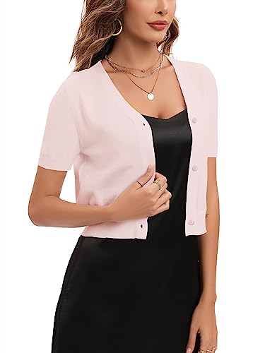 Yukiuiny Damen Bolero Jäckchen Kurzarm Strickjacke mit Knopfleiste Elegant Festlich Kurz Cardigan für Kleider,Rosa,L von Yukiuiny