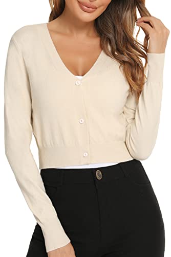 Yukiuiny Damen Bolero Kurze Strickjacke Langarm Cardigan Elegante Weiche Retro V Ausschnitt Jacke zum Kleid Top,Beige,S von Yukiuiny