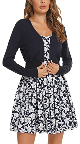 Yukiuiny Damen Bolero Kurze Strickjacke Langarm Cardigan Elegante Weiche Retro V Ausschnitt Jacke zum Kleid Top,Navy,3XL von Yukiuiny