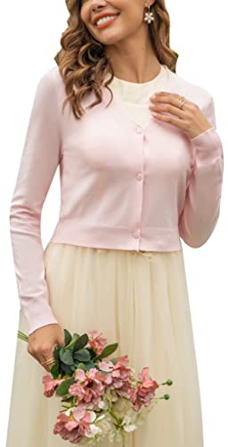 Yukiuiny Damen Bolero Kurze Strickjacke Langarm Cardigan Elegante Weiche Retro V Ausschnitt Jacke zum Kleid Top,Rosa,S von Yukiuiny