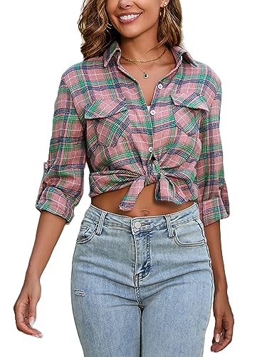 Yukiuiny Damen Karierte Hemdbluse 100% Baumwolle Flanellhemd Lässiges Langarm Holzfällerhemd Oktoberfest Karobluse,Rosa-grün,S von Yukiuiny