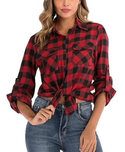 Yukiuiny Damen Karierte Hemdbluse 100% Baumwolle Flanellhemd Lässiges Langarm Holzfällerhemd Oktoberfest Karobluse,Rot,XXL von Yukiuiny