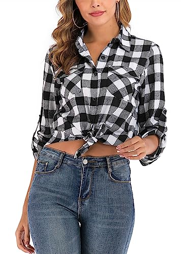 Yukiuiny Damen Kariertes Hemd Baumwolle Langarm Holzfällerhemd Flanell Westernbluse Button-down Karobluse für Oktoberfest,Schwarz-weiß,L von Yukiuiny