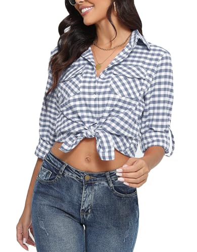 Yukiuiny Damen Karohemd 100% Baumwolle Langarm Holzfäller Hemd Weich Flanellhemd Trachten Karierte Bluse für Oktoberfest,Weiss-hellblau,M von Yukiuiny