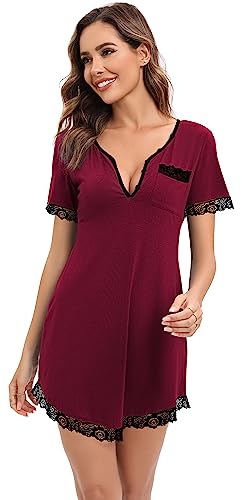 Yukiuiny Damen Kurzarm Nachthemd Spitze Baumwolle Sommer Leicht Nachtkleid Nachtwäsche Jersey Schlafshirt mit Knopfleiste,M Weinrot von Yukiuiny