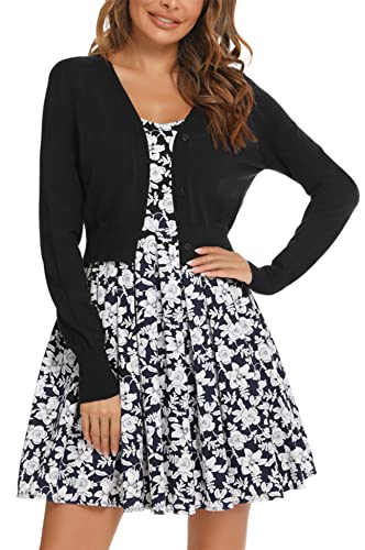 Yukiuiny Damen Kurze Strickjacke Langarm Elegant Festlich 50er Jahre Bolero für Kleid Weiche Jacke mit Knöpfe,Schwarz,3XL von Yukiuiny