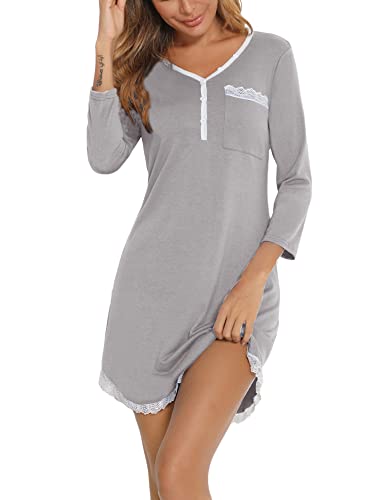 Yukiuiny Damen Kurzes Nachthemd Langarm Elegantes Schlafshirt mit Spitze V Ausschnitt Baumwolle Nachtwäsche Stillnachthemd,L Hellgrau von Yukiuiny