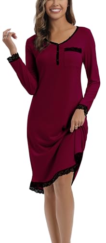 Yukiuiny Damen Langarm Nachthemd Baumwolle Elegant Knielang Spitze Nachtkleid mit Knopfleiste Jersey Schlafshirt,L Weinrot von Yukiuiny