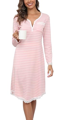 Yukiuiny Damen Langarm Nachthemd Gestreift Baumwolle Knielang Spitze Nachtkleid mit Knopfleiste Jersey Schlafshirt,S Rosa von Yukiuiny