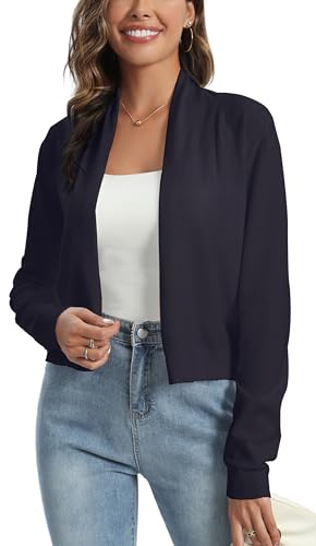 Yukiuiny Damen Langarm Strickjacke Schalkragen Elegant Leicht Feinstrick Cardigan ohne Verschluss Basic Strickweste Navyblau, L von Yukiuiny