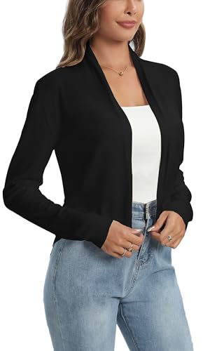 Yukiuiny Damen Langarm Strickjacke Schalkragen Elegant Leicht Feinstrick Cardigan ohne Verschluss Basic Strickweste Schwarz, L von Yukiuiny