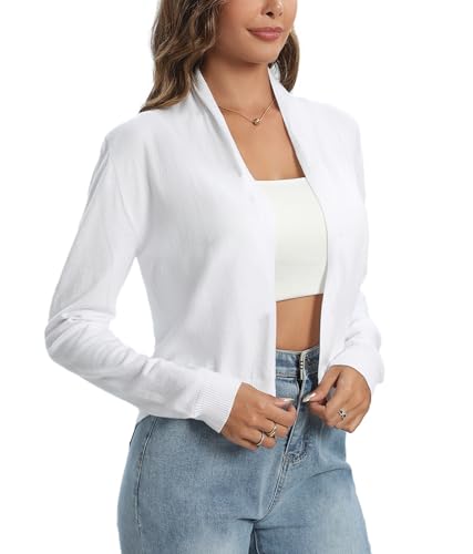Yukiuiny Damen Langarm Strickjacke Schalkragen Elegant Leicht Feinstrick Cardigan ohne Verschluss Basic Strickweste Weiß, L von Yukiuiny