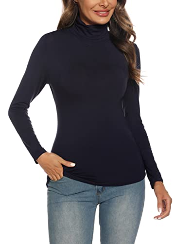 Yukiuiny Damen Langarm Unterziehrolli Basic Dünn Rollkragenshirt Elastisch Rolli Langarmshirt für Herbst Winter,Navyblau,S von Yukiuiny