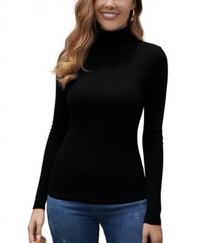 Yukiuiny Damen Langarmshirt mit Rollkragen Elegant Weich Rollishirt Dehnbar Dünner Unterziehpulli für Herbst Winter,Schwarz,M von Yukiuiny