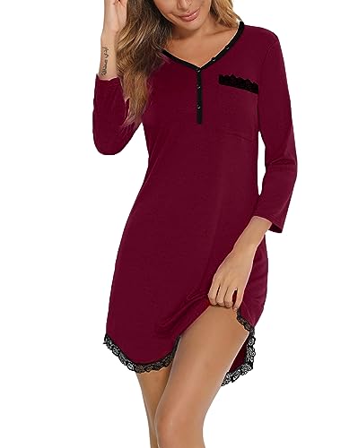 Yukiuiny Damen Nachthemd 3/4 Arm Baumwolle Kurzes Nachtkleid mit Knopfleiste Elegant Sexy Spitze Stillnachthemd,S Weinrot von Yukiuiny