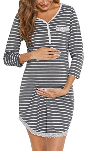 Yukiuiny Damen Nachthemd 3/4 Arm Baumwolle Kurzes Schlafshirt mit Spitze Jersey Nachtwäsche mit Knopfleiste von Yukiuiny