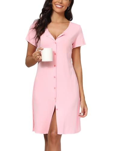 Yukiuiny Damen Nachthemd Kurzarm Baumwolle Nachtkleid mit Knopfleiste Rüschen Locker Jersey Stillnachthemd für Sommer Rosa, L von Yukiuiny