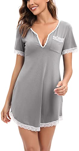 Yukiuiny Damen Nachthemd Kurzarm Sexy Baumwolle Nachtkleid mit Spitze Elegant Schlafshirt mit Knopfleiste für Sommer,L Hellgrau von Yukiuiny