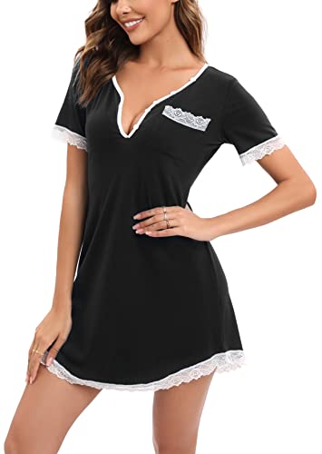 Yukiuiny Damen Nachthemd Kurzarm Sexy Baumwolle Nachtkleid mit Spitze Elegant Schlafshirt mit Knopfleiste für Sommer,M Schwarz von Yukiuiny