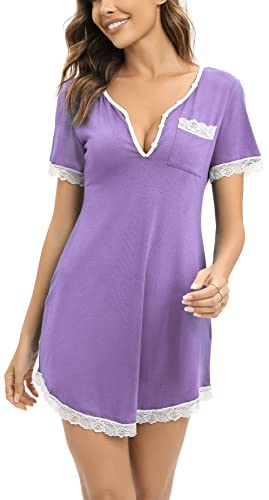 Yukiuiny Damen Nachthemd Kurzarm Sexy Baumwolle Nachtkleid mit Spitze Elegant Schlafshirt mit Knopfleiste für Sommer,M Violett von Yukiuiny
