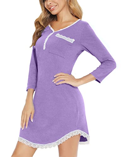 Damen Nachthemd Langarm Spitze Nachtkleid Weich Baumwolle Nachtwäsche Elegant Henley Schlafshirt Stillnachthemd,L Violett von Yukiuiny