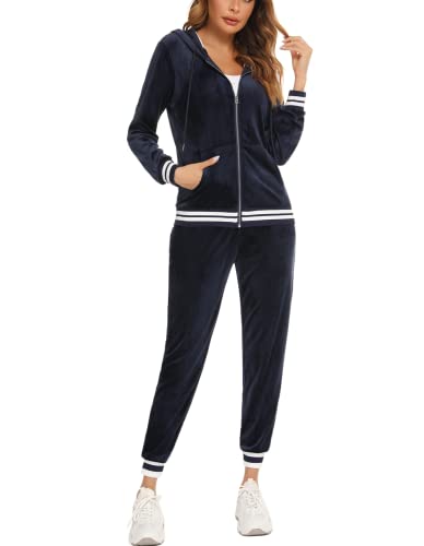 Yukiuiny Damen Nicki Hausanzug Samtweich Freizeitanzug mit Kapuze Warm 2 Teiler Sportanzug mit Gestreift Bündchen Navyblau,XL von Yukiuiny