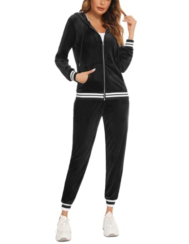 Yukiuiny Damen Nicki Hausanzug Samtweich Freizeitanzug mit Kapuze Warm 2 Teiler Sportanzug mit Gestreift Bündchen Schwarz,XL von Yukiuiny