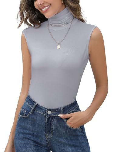 Yukiuiny Damen Rolli Dünner Rollkragenshirt ohne Ärmel Elegant Dehnbar Ärmellose Unterziehrolli Basic Jersey Top Grau, M von Yukiuiny