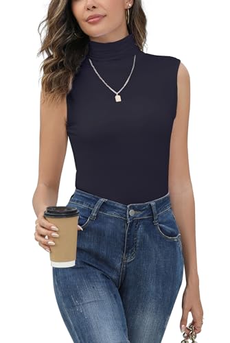 Yukiuiny Damen Rolli Dünner Rollkragenshirt ohne Ärmel Elegant Dehnbar Ärmellose Unterziehrolli Basic Jersey Top Navyblau, S von Yukiuiny