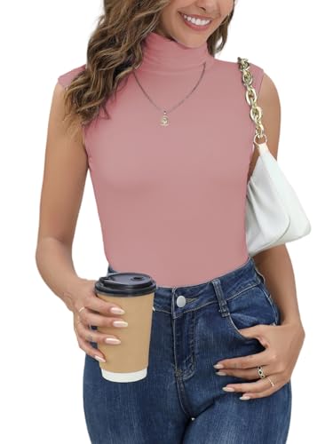Yukiuiny Damen Rolli Dünner Rollkragenshirt ohne Ärmel Elegant Dehnbar Ärmellose Unterziehrolli Basic Jersey Top Rosa, L von Yukiuiny