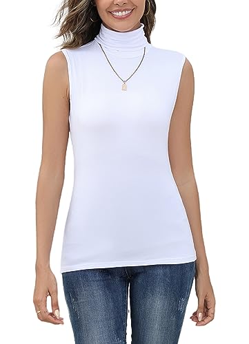 Yukiuiny Damen Rolli Dünner Rollkragenshirt ohne Ärmel Elegant Dehnbar Ärmellose Unterziehrolli Basic Jersey Top Weiß, L von Yukiuiny