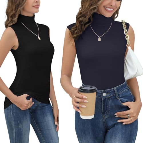 Yukiuiny Damen Rollkragen Top 2er Set Ärmellos Rollishirt Dünn Weich Stretch Unterziehrolli Basic Rolli Schwarz+Navy, M von Yukiuiny