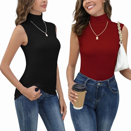 Yukiuiny Damen Rollkragen Top 2er Set Ärmellos Rollishirt Dünn Weich Stretch Unterziehrolli Basic Rolli Schwarz+Weinrot, M von Yukiuiny