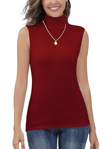 Yukiuiny Damen Rollkragen Top Ärmellos Unterziehrolli Dünn Stretch Rolli Shirt Basic Jersey Weste Weinrot, M von Yukiuiny